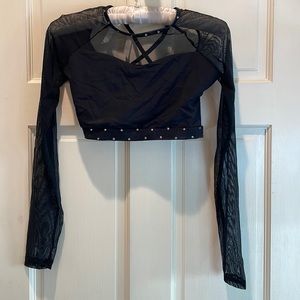 Black sheer sleeve bedazzled halter top with leggings